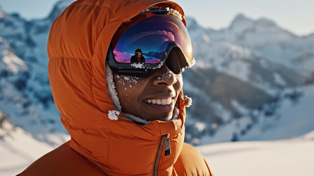 Close up portrait of a skier wearing orange down jacket with mountains reflection in goggles. Concept of winter sports, adventure and extreme travel.
