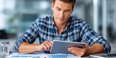 Focused entrepreneur analyzing sales report on tablet with financial charts and documents on table