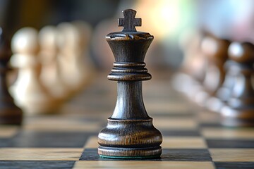 The lone black king stands resolute, a symbol of unwavering leadership amidst the blurred strategic battle, bathed in soft, warm light.