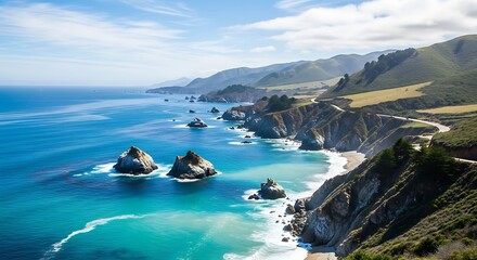 Coastal Beauty - Scenic Ocean View with Rugged Cliffs and Rocks.