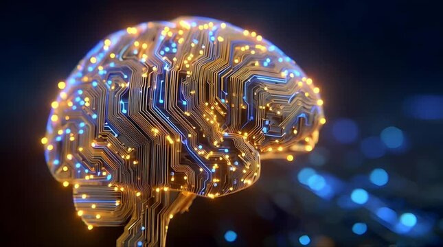 3D digital human brain with glowing golden circuit patterns and blue neural network pulses on dark background (AI Generated)