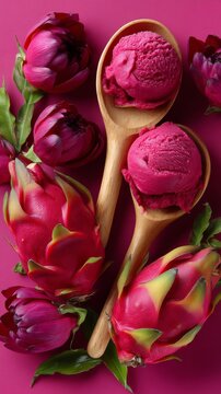 Vibrant dragon fruit sorbet scoops on wooden spoons surrounded by fresh blooms and dragon fruits against a vivid pink background