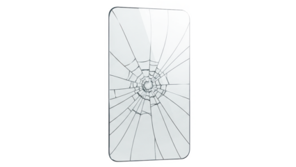 Shattered smartphone screen with intricate radial crack pattern and impact damage