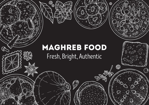 Maghrebi cuisine top view vector illustration. Food menu design template. Hand drawn sketch. Maghreb food menu. Vintage style. Vector drawing illustration.