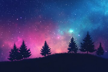 Serene night, silhouetted pine trees stand tall against a breathtaking cosmic sky, painted with vibrant pink and blue nebulae, sparkling with countless stars.