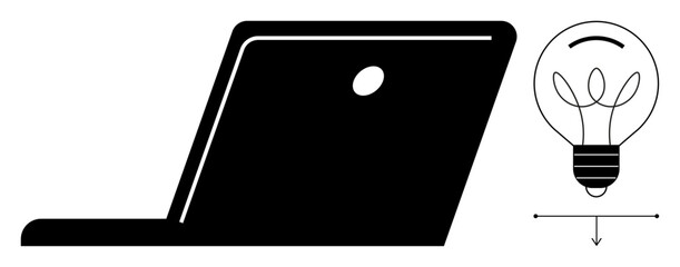 Innovation, creativity, design, technology solutions, brainstorming, digital ideation. Laptop silhouette next to a light bulb with a measurement arrow. Innovation and creativity in technology context © robu_s
