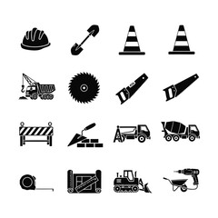 Construction site icons set with various tools and equipment displayed