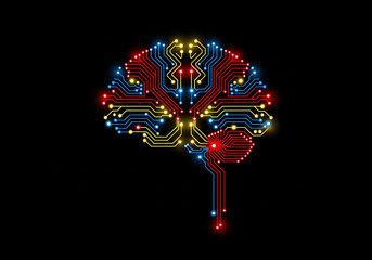 Digital Brain: A captivating depiction of the human brain as an intricate network of interconnected circuits, radiating with vibrant colors against a dark backdrop.