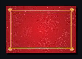 Elegant blank christmas card with gold frame. Chinese New Year Red Background with Golden Frame and Snowflakes