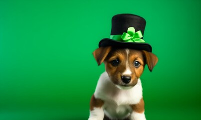 vA cute puppy wearing a St Patrick's day costume against a green background