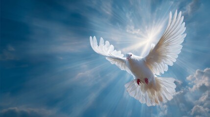 Fototapeta premium A white bird flies against a backdrop of the sky, surrounded by radiant light rays and clouds, creating a spiritual atmosphere