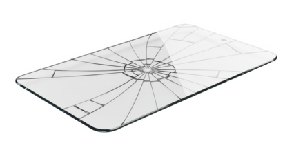 Shattered glass panel with a prominent radial crack pattern on a dark background