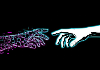Digital Connection: Two hands extend towards each other, representing a connection between the physical and digital worlds, ideas and innovation.