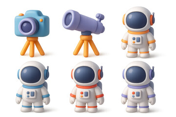 Cartoon space explorers with telescope and camera for creative kids' illustrations