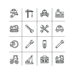 Collection of Construction Tools and Machinery Icons in Grid Layout