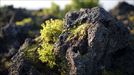 Obraz premium Vibrant green moss and lichen colonizing the rough, dark textured surface of a volcanic rock in nature