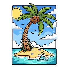 Tropical Island Paradise Scene with Palm Tree and Ocean.
