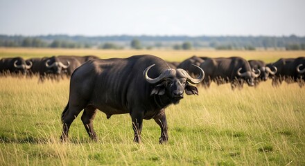 African Buffalo Herd Grazing in Savanna Grassland.