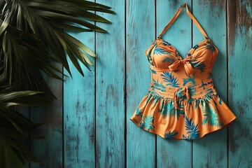 A vintage-inspired tropical swimsuit, a vibrant orange and teal floral print, hangs against a weathered turquoise wooden backdrop evoking a nostalgic summer getaway.