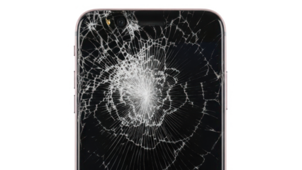 Smartphone with a shattered screen displaying a spiderweb-like crack pattern from an impact