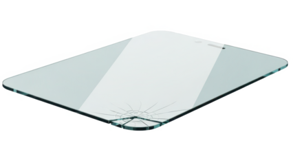 Cracked clear protective glass panel for a tablet or phone, showing a break in the bottom corner