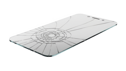 Shattered smartphone screen protector with a central impact point and radiating cracks