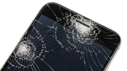 A smartphone with a severely cracked and shattered screen due to multiple impact points on the display