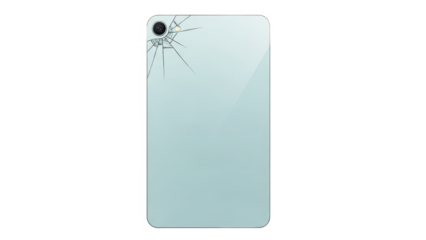 Broken camera on light blue tablet or smartphone with shattered glass