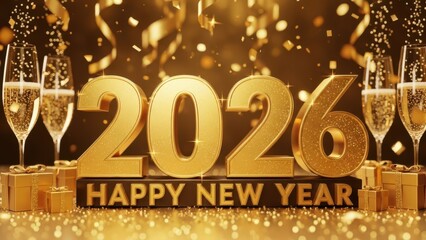 Luxury happy new year 2026 display with champagne glasses gift boxes and golden ribbons