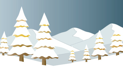Stylized snow covered pine trees and mountains in winter landscape evergreen