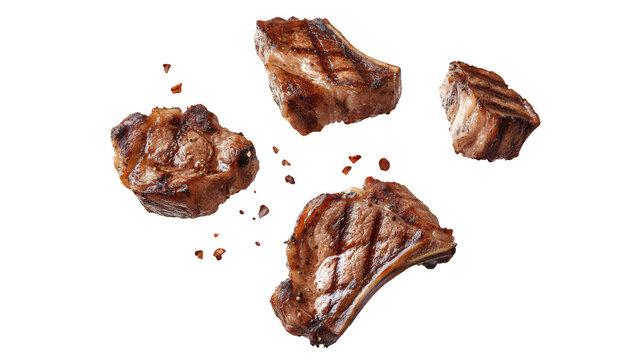 Grilled meat pieces with charred grill marks floating against a clean white background. the juicy texture and mouthwatering appeal. ideal for culinary or food-related projects