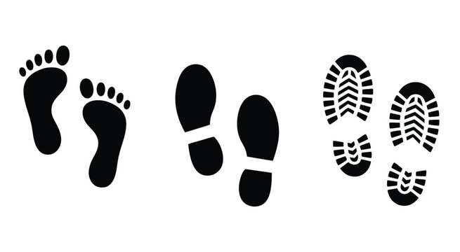 Shoe and bare foot print vector collection showcasing detailed footprints, shoe silhouettes, and bare foot icons,
