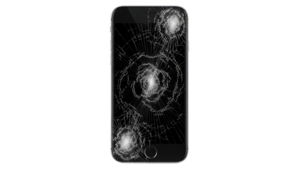 Smartphone with a shattered screen showing multiple impact points and intricate crack patterns