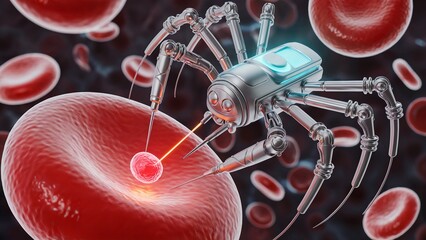 Sci-Fi Nanobot Repairing Red Blood Cell