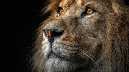 Close-up of a majestic male feline with a golden mane and piercing gaze, set against a dark background
