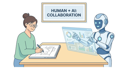 A woman and a robot collaborating on a project, with the robot displaying data on a holographic interface.