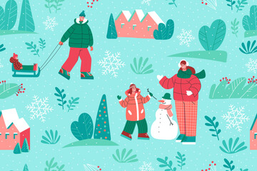 Seamless winter landscape pattern with trees, houses, and  happy family spending time outdoors. Father pulling child on sled while mother and child build snowman. Winter family activities