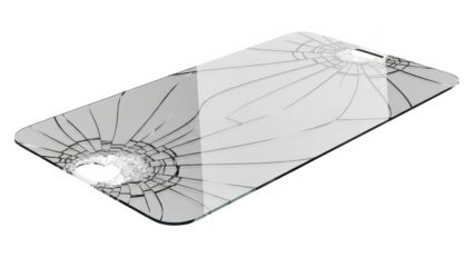 Shattered smartphone screen protector showing significant damage from multiple impacts on a black background