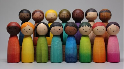 A diverse collection of wooden peg dolls with painted features, standing shoulder-to-shoulder against a light gray backdrop