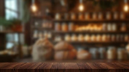 Rustic cafe interior with warm ambient lighting, wooden shelves stocked with jars, and a dark wood tabletop in the foreground