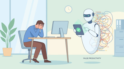 A stressed office worker overwhelmed by tasks is helped by a robot displaying a checkmark on a tablet, symbolizing AI-driven productivity.