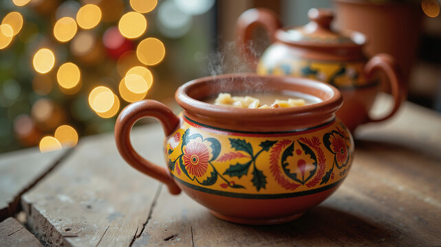 Traditional Mexican Ponche Navide&ntilde;o Cup &ndash; Hand-Painted Ceramic Mug with Festive Drink for Las Posadas Celebrations and Cultural Heritage Presentations
