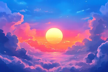 A breathtaking sunset over a sea of clouds, painted in vibrant pink and purple hues with a large, glowing sun.