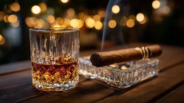 34Luxurious whiskey and cigar scene with faceted crystal glass glowing amber, cigar in stylish ashtray, dramatic interplay of warm light on polished wood