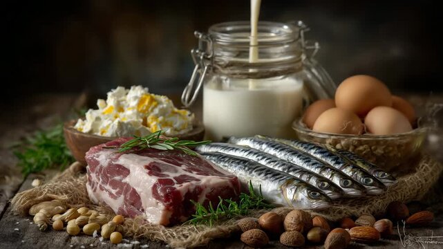 34Protein-rich food ensemble glowing under low-key lighting