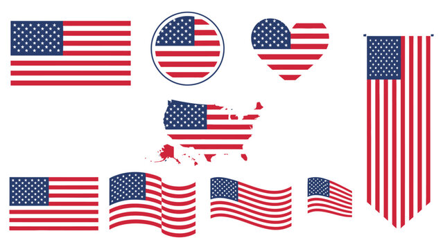USA flag icon set isolated on white background. American holidays 4th of July banner in flat style. Veteran Day and Memorial Day vector illustration.eps