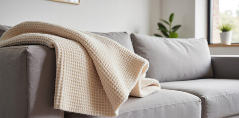 Weighted Waffle Knit Blanket &ndash; Soft Textured Throw Draped on Modern Sofa for Comfort, Calmness, and Home Wellness