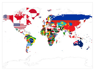 A world map filled with various national flags representing each country. The flags cover geographical boundaries. Different colors and symbols reflect global diversity. © pyty