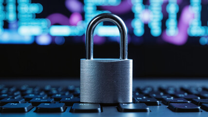 Digital Security Padlock on Keyboard – Encrypted Binary Code Background for Data Privacy Day Concepts and Cybersecurity Awareness