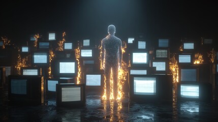 Humanoid figure surrounded by vintage televisions with glowing screens and flickering flames in a dark, surreal setting
